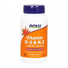 Now Foods Витамин D3 и K2 1000 МЕ / 45 мкг 120 вегетарианских капсул / Now Foods Vitamin D3 & K2 1,000 IU / 45 mcg 120 Veg Capsules