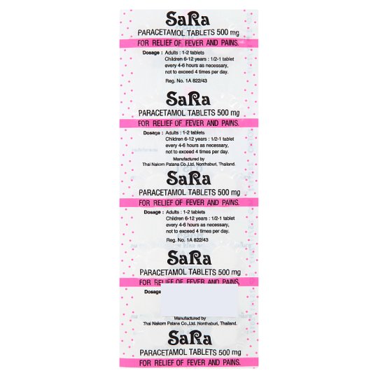 Тайский парацетамол Sara 500 мг 10 таблеток*5шт / Sara 500mg Paracetamol 10 Tablets*5pcs